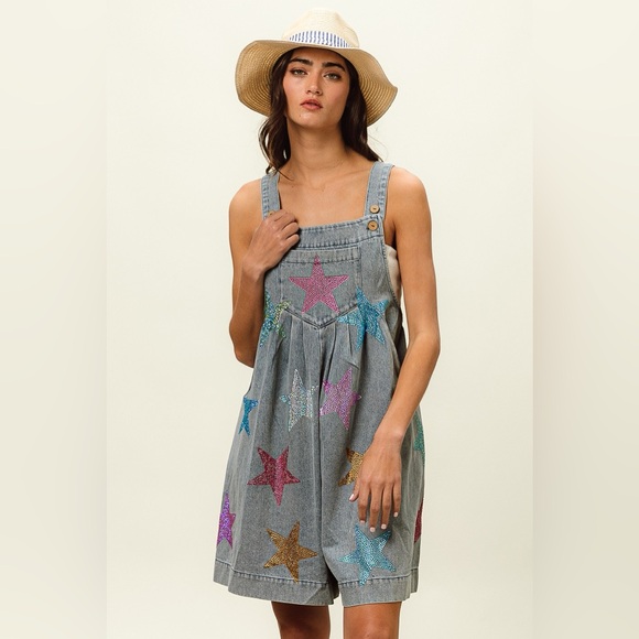 BiBi Star Rhinestone Washed Wide Leg Shortalls - Picture 3 of 14